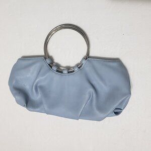 Blue leather purse with steel hoop handles